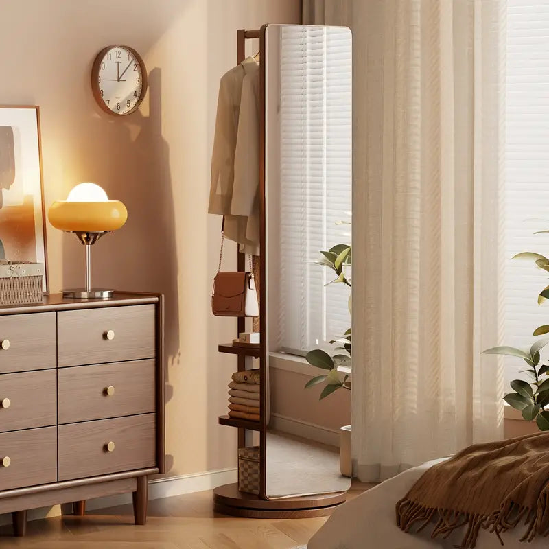 C Specchio da Terra in Legno Massiccio – Girevole con Appendiabiti! 🪞