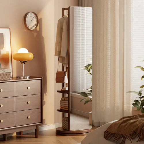 C Specchio da Terra in Legno Massiccio – Girevole con Appendiabiti! 🪞