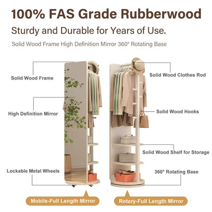 C Specchio da Terra in Legno Massiccio – Girevole con Appendiabiti! 🪞